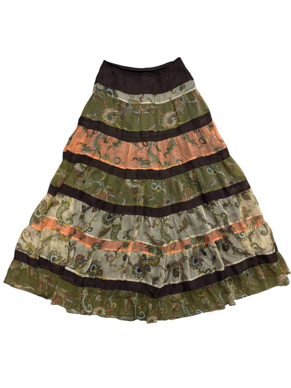Laundry by Shelli Segal | Y2K 100% Silk Green Orange Floral Tiered Maxi Skirt - Picture 4 of 5